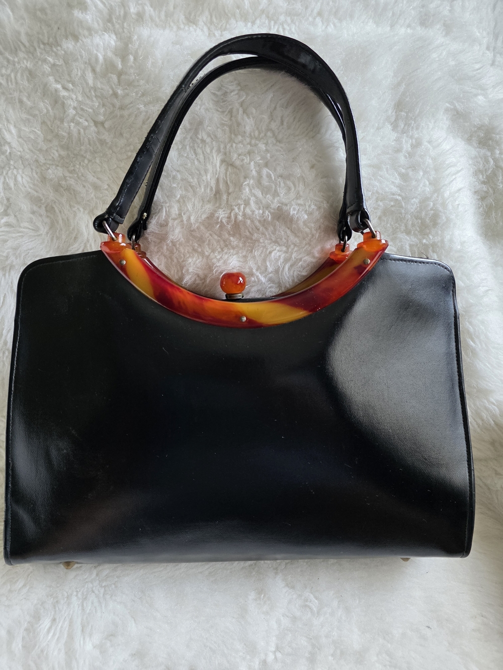 Vintage Black Satchel with Red and Yellow Accent Handle